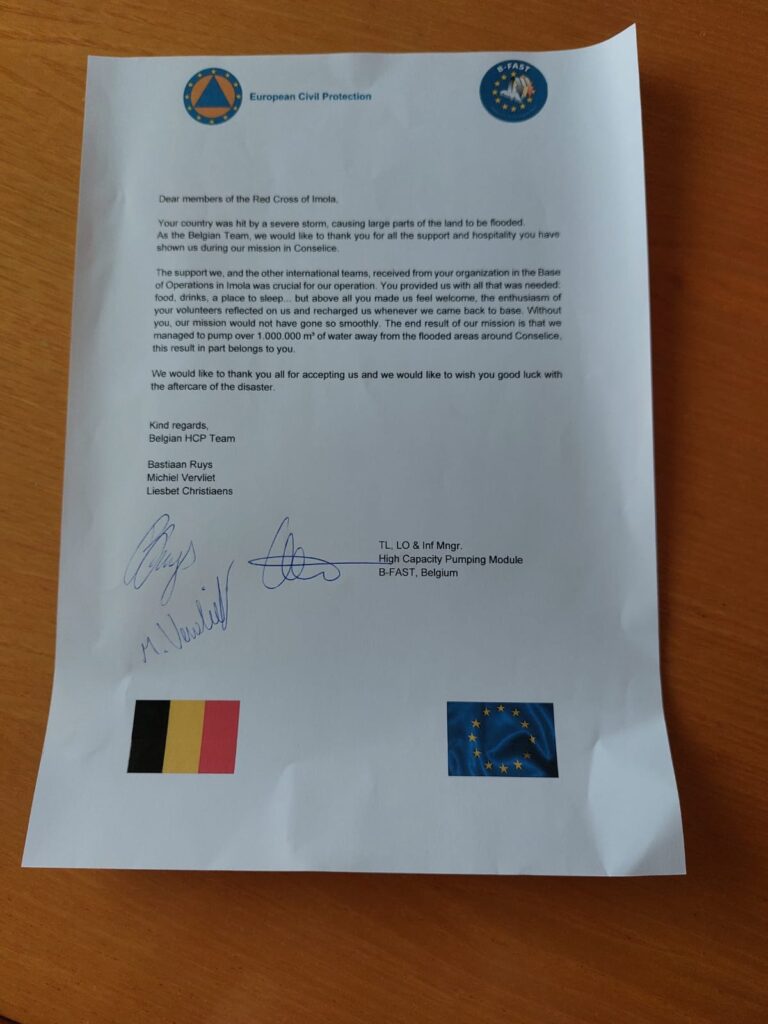 Lettera di ringraziamente del team di Protezione Civile Belga
