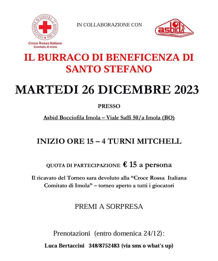 Burraco di beneficenza 26 Dicembre 2023